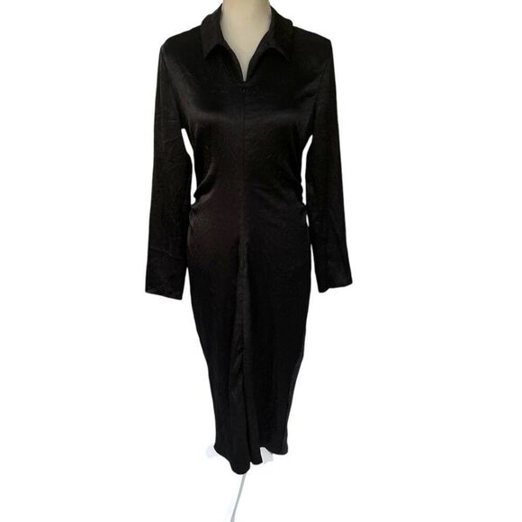 Samsoe Samsoe Ivana Black Crepe Textured Long-Sleeve Collared Midi Dress Size L - Picture 2 of 11
